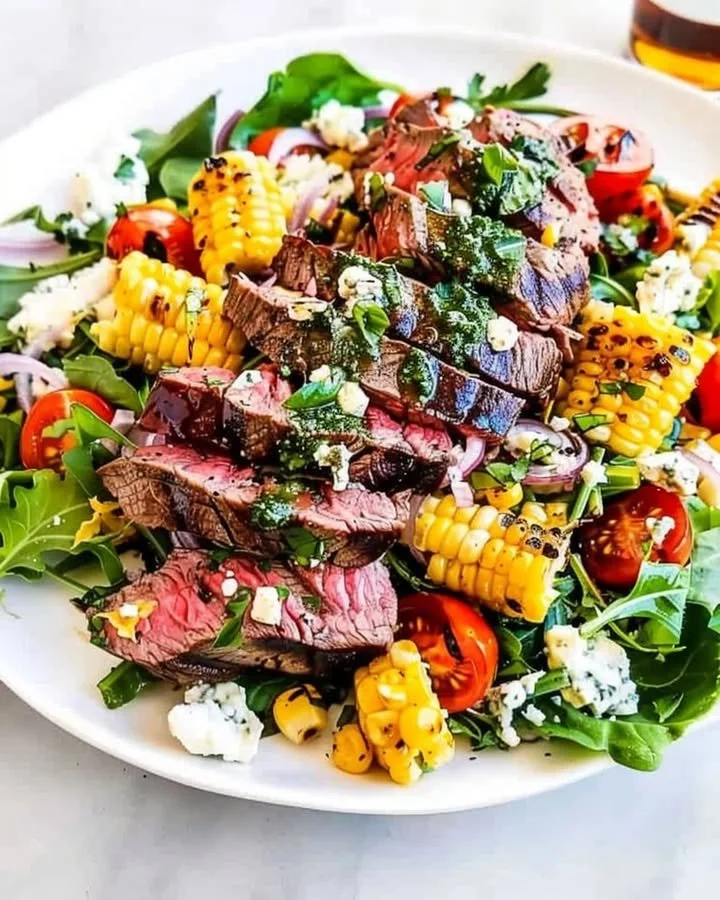 Balsamic Steak Salad with Gorgonzola cheese and grilled corn on a plate.