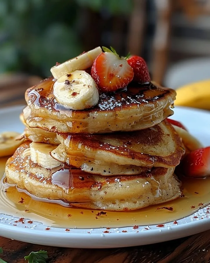 Fluffy banana pancakes stacked on a plate with syrup and fresh bananas
