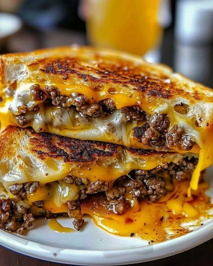 Beef grilled cheese sandwich with melted cheese on toasted bread