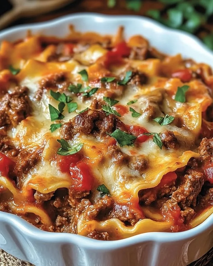 Beef Lombardi Casserole served in a dish, topped with cheese and fresh herbs.