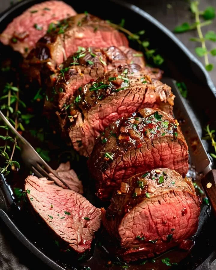 Succulent beef tenderloin served with a rich savory pan sauce.