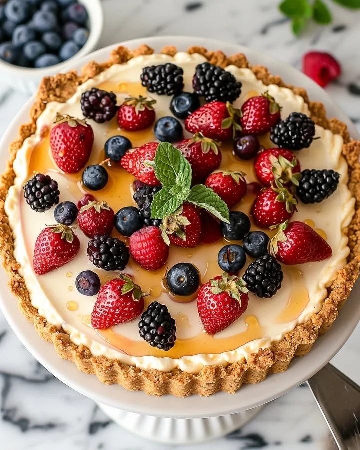 Slice of berry cheesecake made with cottage cheese and topped with fresh berries