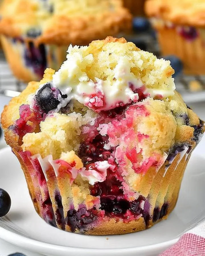 Freshly baked berry cream cheese muffins with a golden crust and berry topping