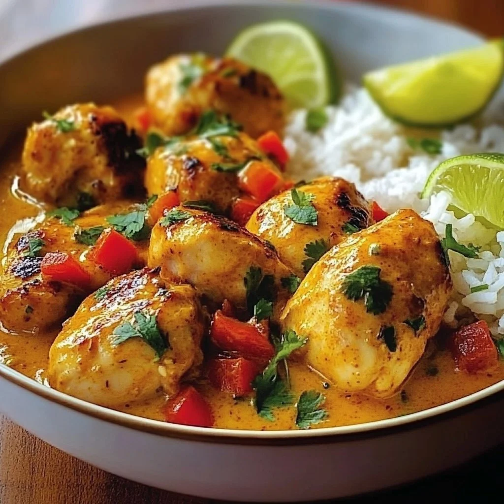 Delicious Brazilian Coconut Chicken served with fresh herbs and coconut sauce.