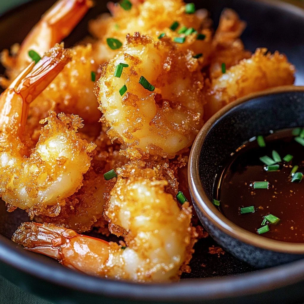 Plate of crispy coconut shrimp served with pineapple sauce