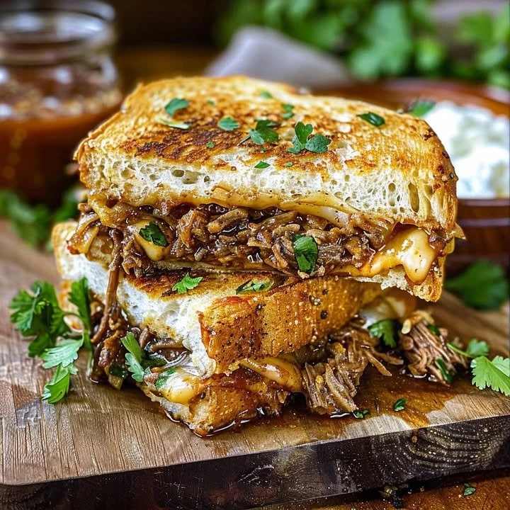 Mouthwatering birria grilled cheese sandwich with melted cheese and flavorful birria filling.