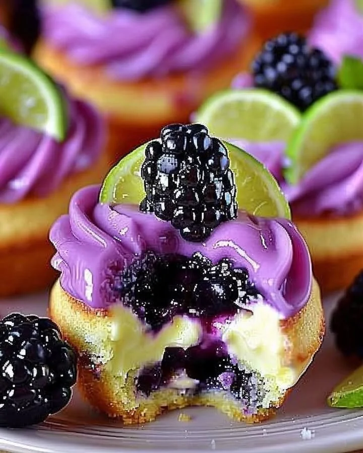Delicious blackberry lime cheesecake cupcakes topped with fresh blackberries.