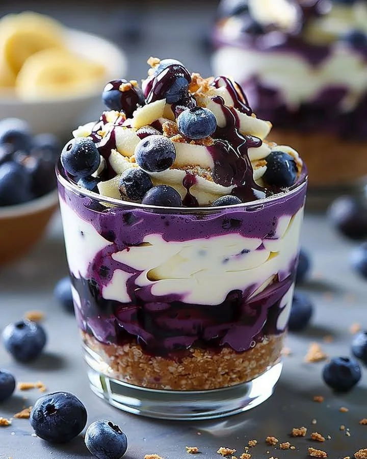 Delicious blueberry cheesecake parfait layered with fresh blueberries and crust