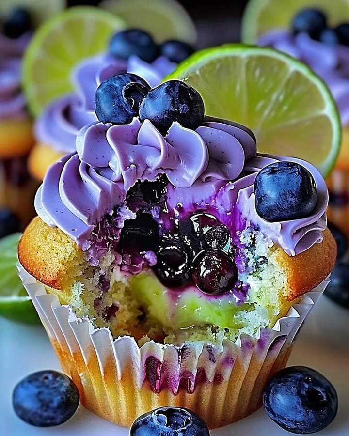Blueberry lime cheesecake cupcakes topped with fresh blueberries and lime zest