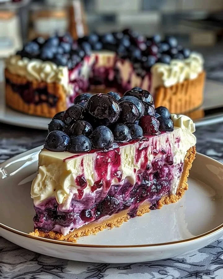 Delicious blueberry swirl cheesecake topped with fresh blueberries