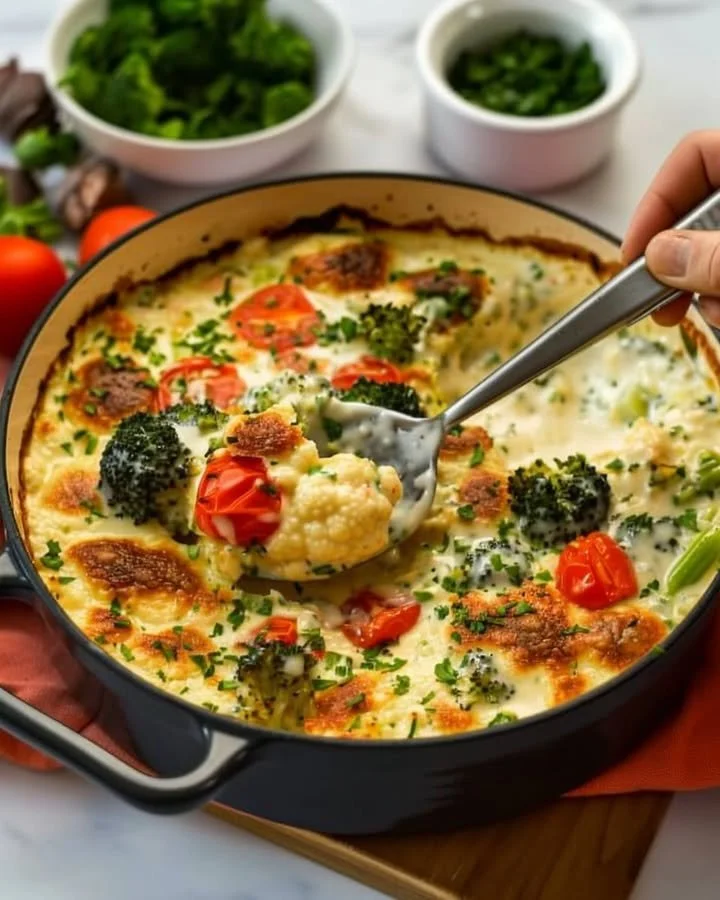 Creamy broccoli cauliflower dish served in a bowl with herbs and spices