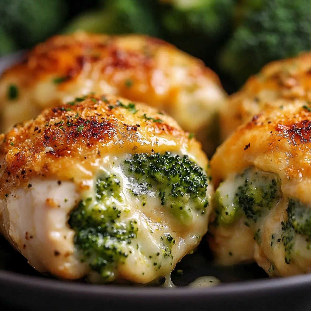 Broccoli and cheese stuffed chicken breast with a golden crust
