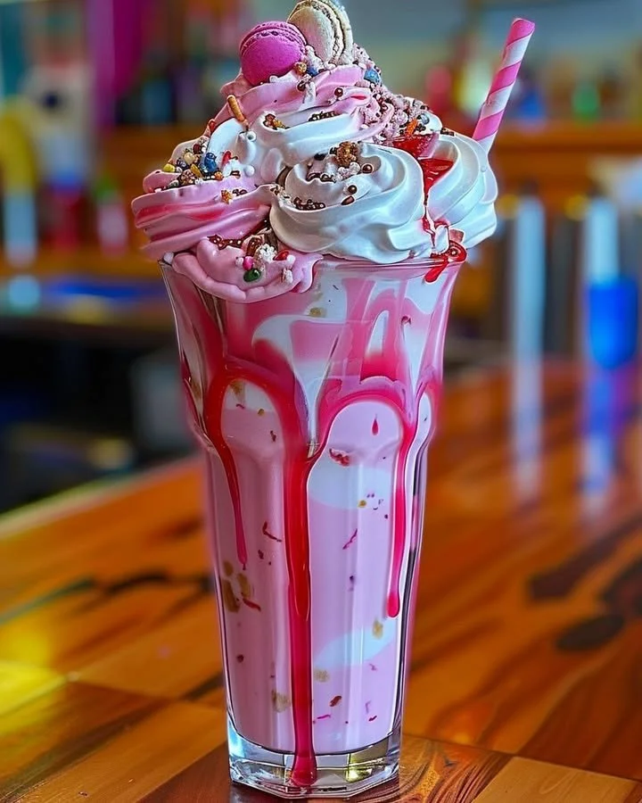 Delicious Bubblegum Bliss Mega Shake topped with colorful sprinkles and whipped cream