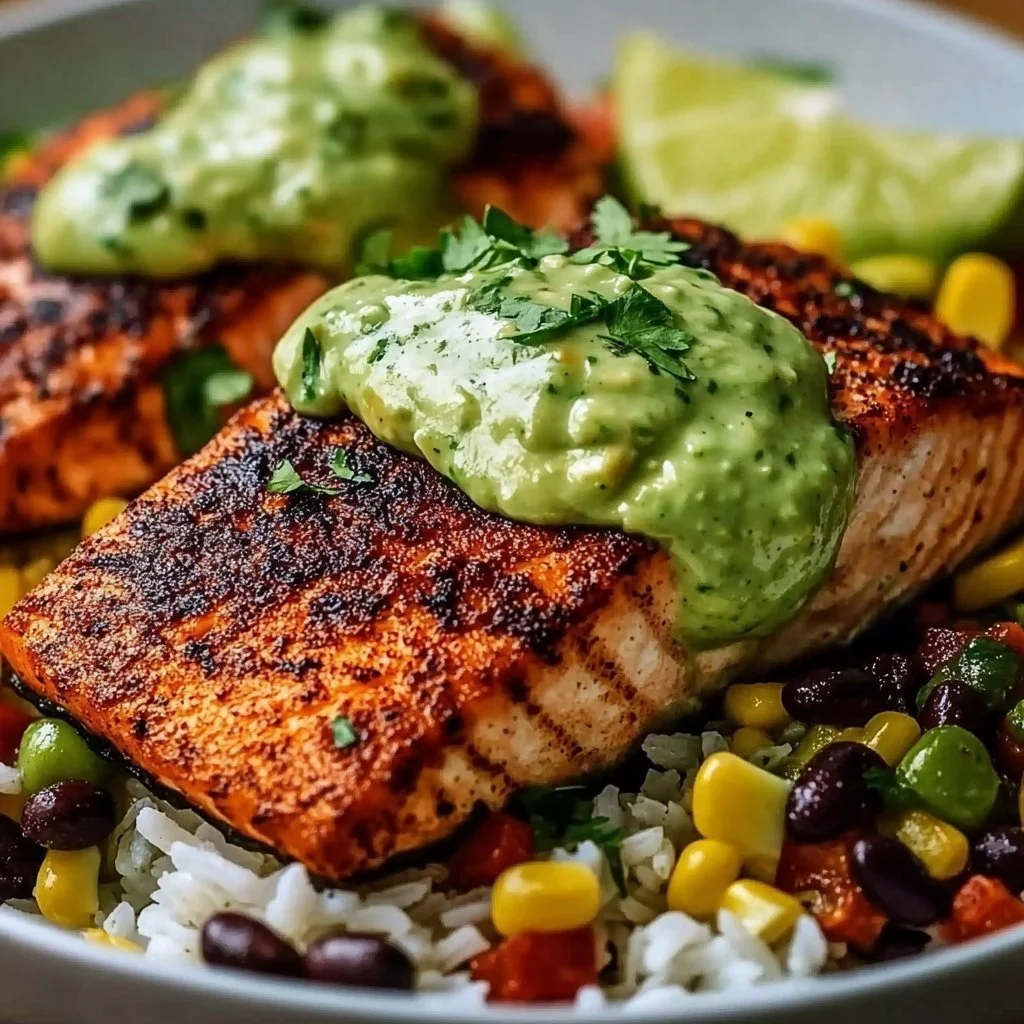 Cajun salmon fillet topped with avocado lime cream on a plate