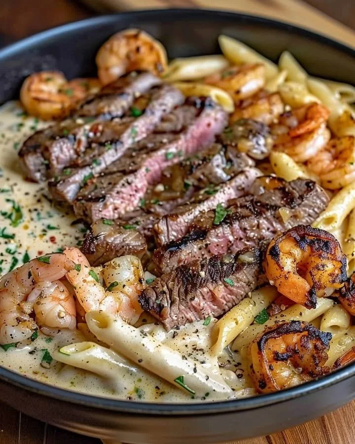 Cajun shrimp and steak alfredo pasta topped with herbs and spices on a plate