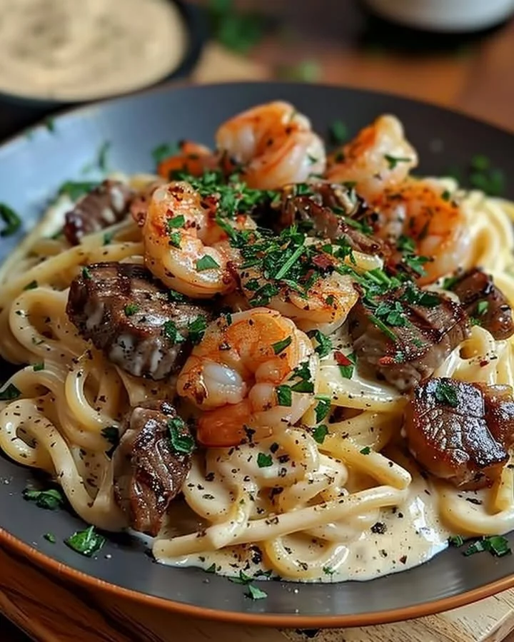 Cajun shrimp steak alfredo pasta with a creamy sauce and spices