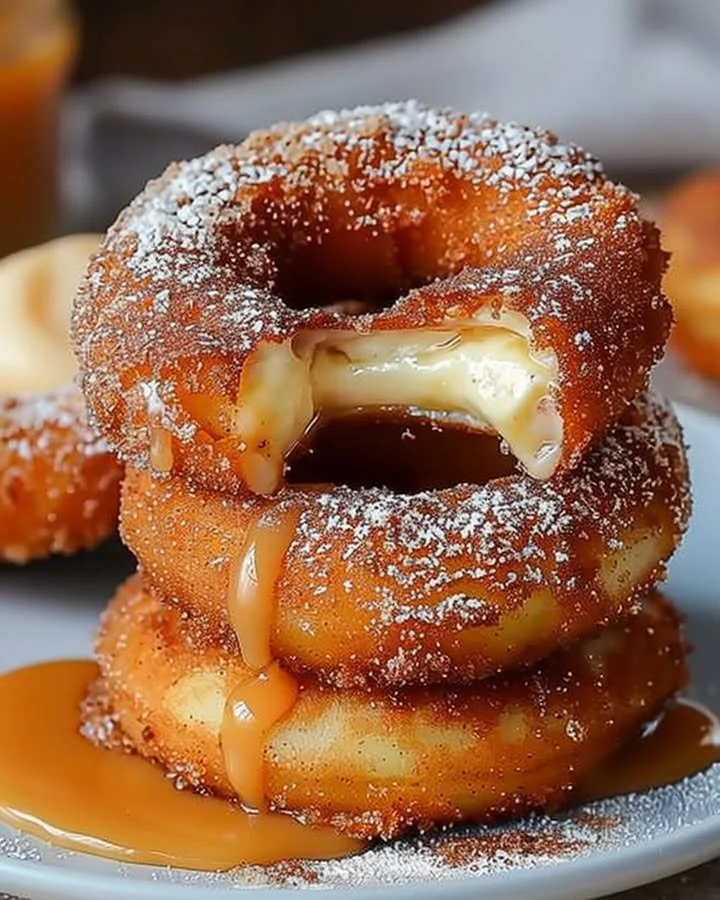 Caramel cheesecake-stuffed churro rings ready to serve