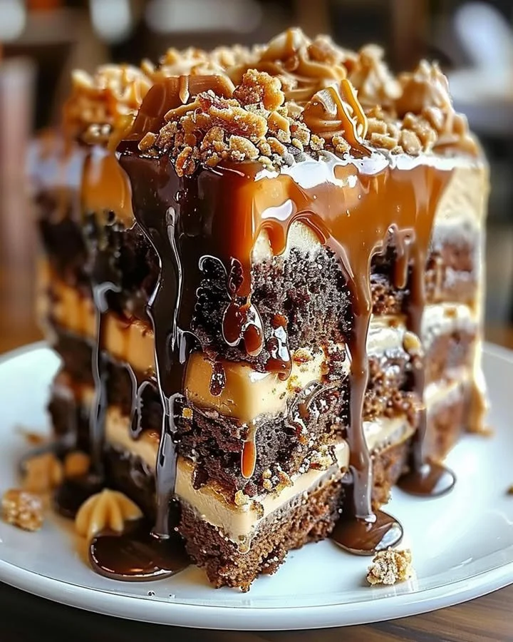 Delicious Caramel Toffee Crunch Cake topped with toffee bits and caramel drizzle
