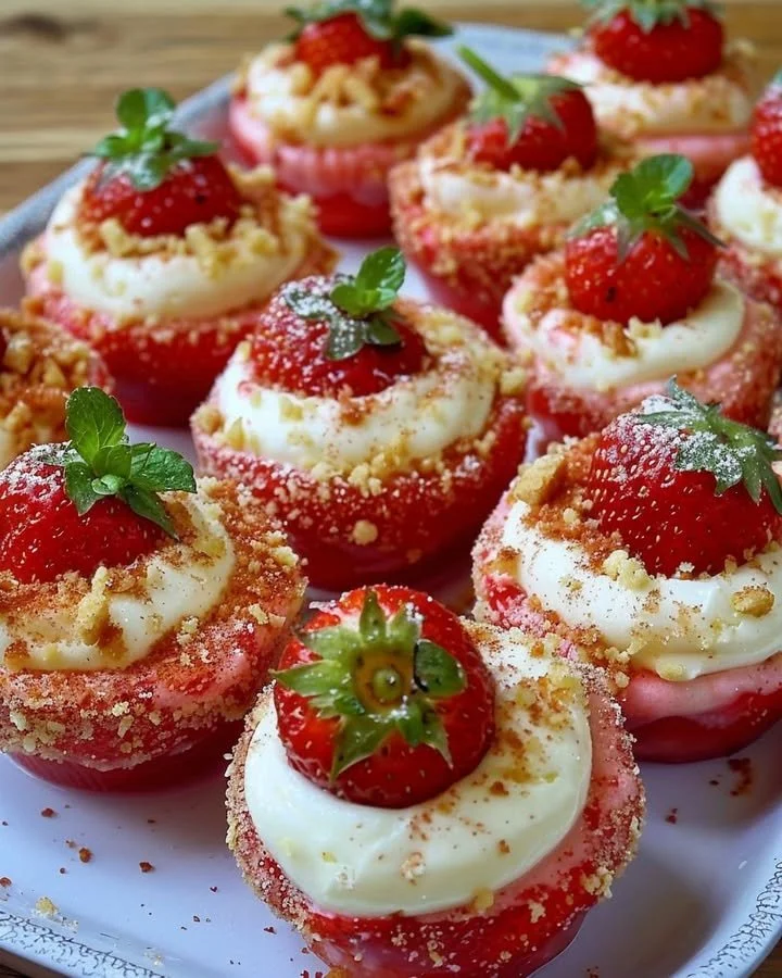 Cheesecake deviled strawberries topped with creamy filling and fresh fruit.