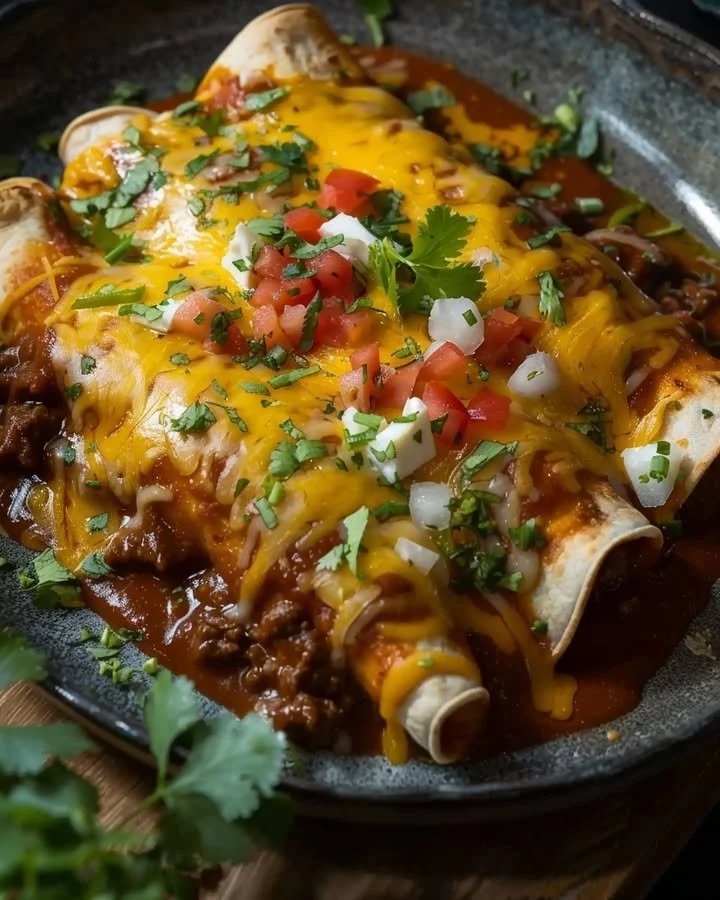 Delicious cheesy beef enchiladas topped with sauce and melted cheese on a plate.