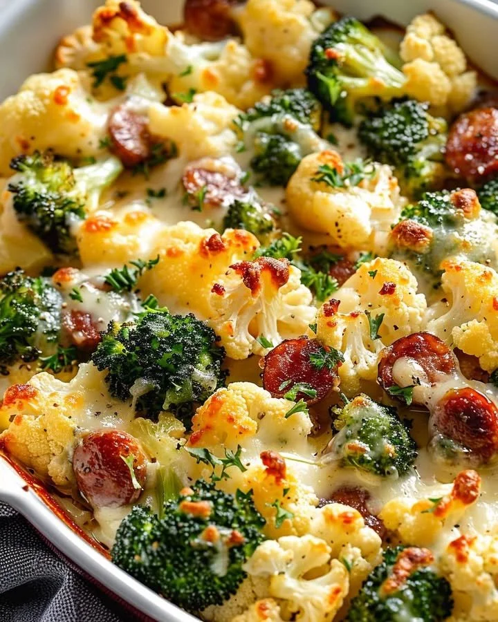 Cheesy broccoli and cauliflower bake on a plate, garnished and ready to serve.