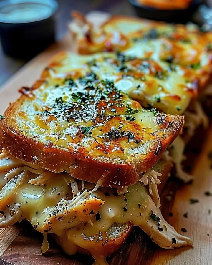 Cheesy chicken garlic bread sandwich with melted cheese and grilled chicken