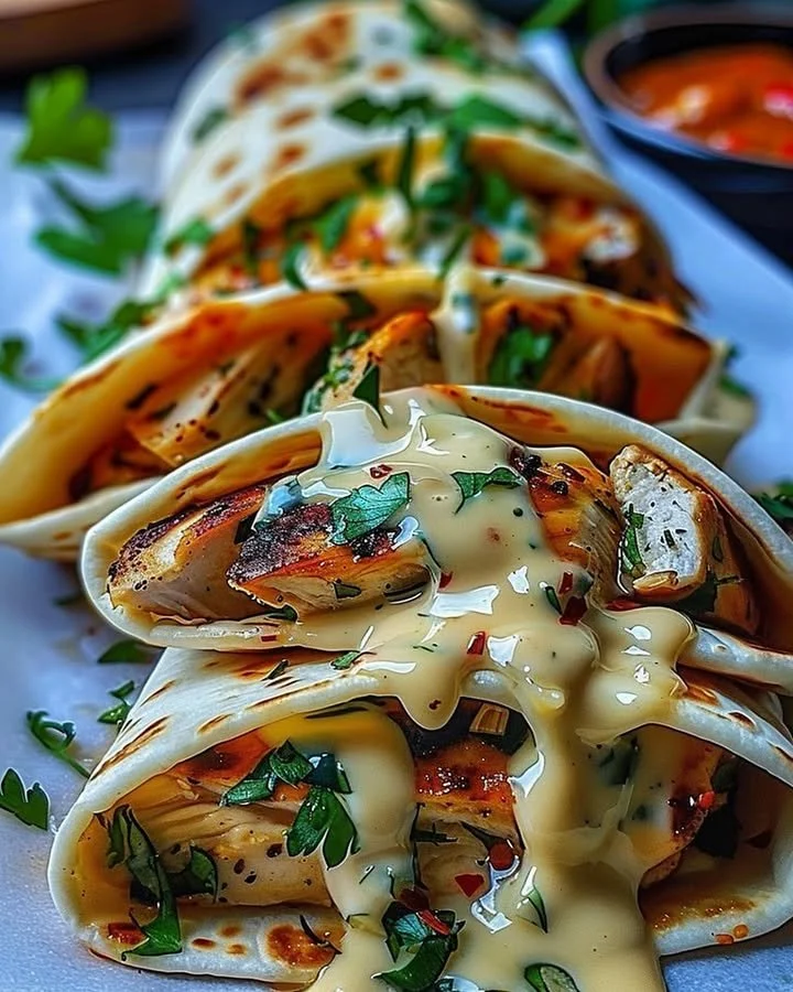 Cheesy garlic chicken wraps with fresh ingredients and melted cheese