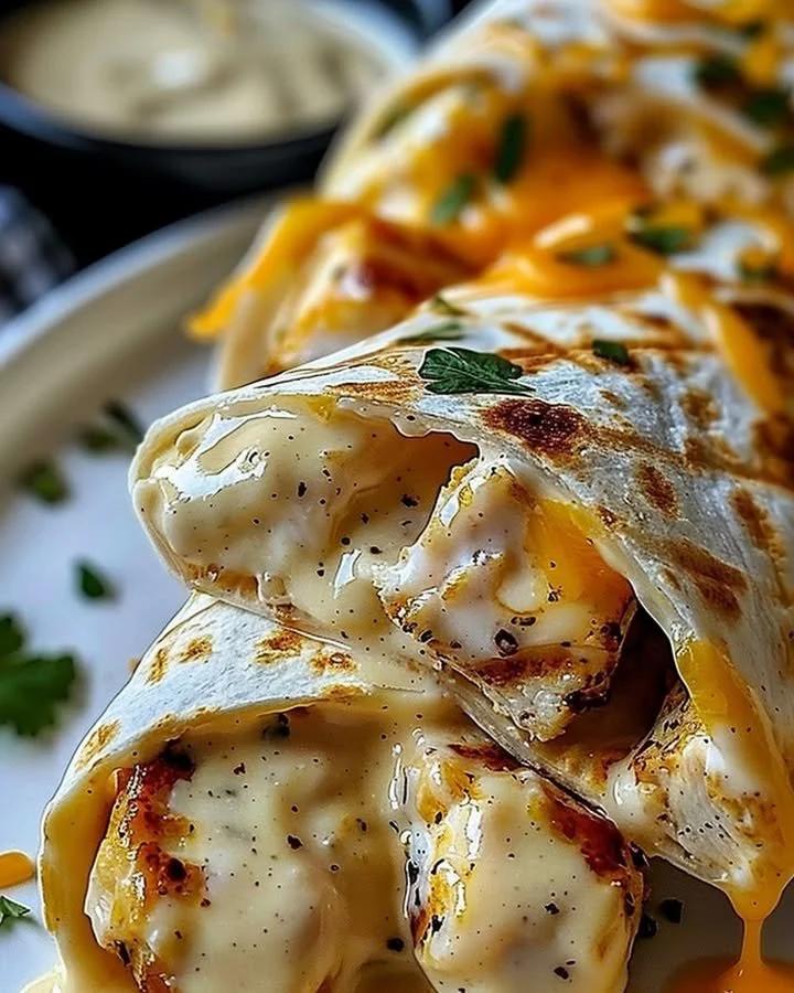 Cheesy garlic chicken wraps on a plate with fresh ingredients