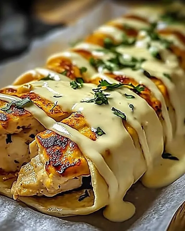 Delicious cheesy garlic chicken wraps served on a plate with fresh ingredients.