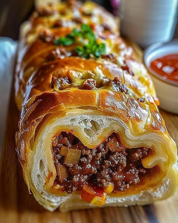 Cheesy ground beef stuffed bread roll freshly baked and presented on a plate