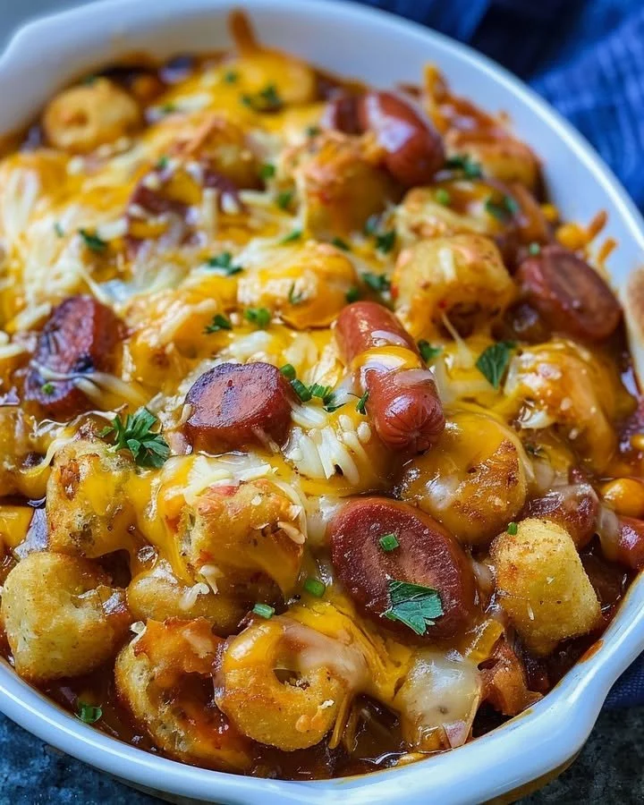 Cheesy Hot Dog Tater Tot Casserole topped with melted cheese and crispy tater tots