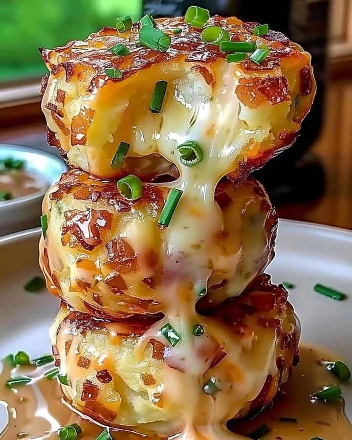 Cheesy mashed potato puffs on a serving plate garnished with herbs.