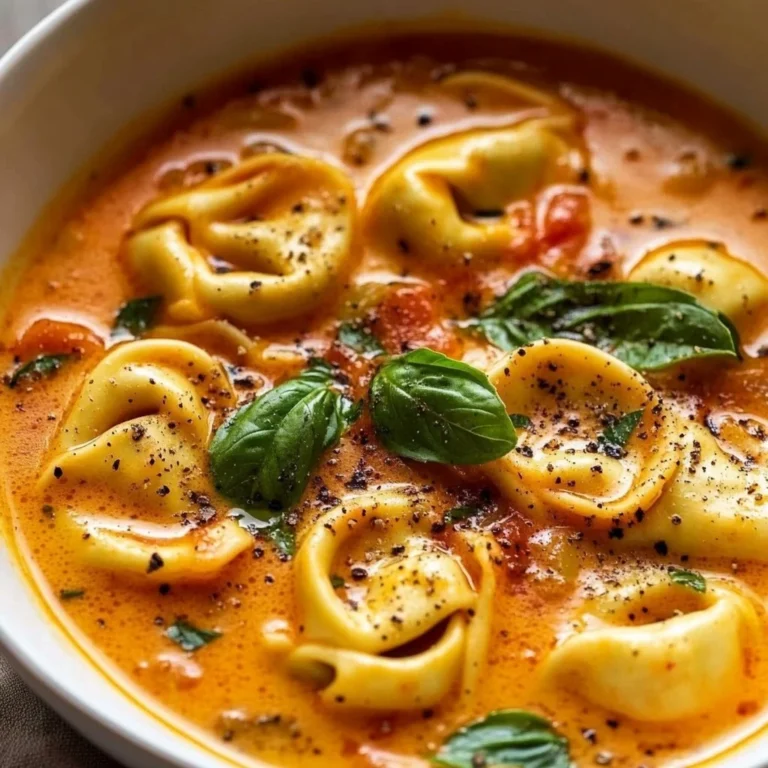 Bowl of cheesy tomato tortellini soup garnished with herbs