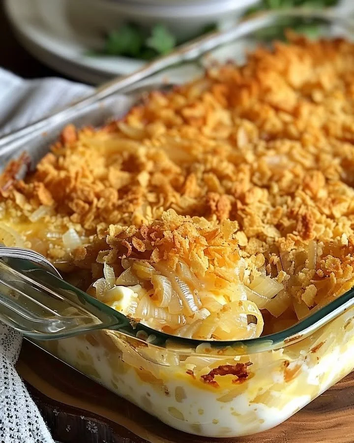 Delicious Cheesy Vidalia Onion Casserole topped with cheese and herbs