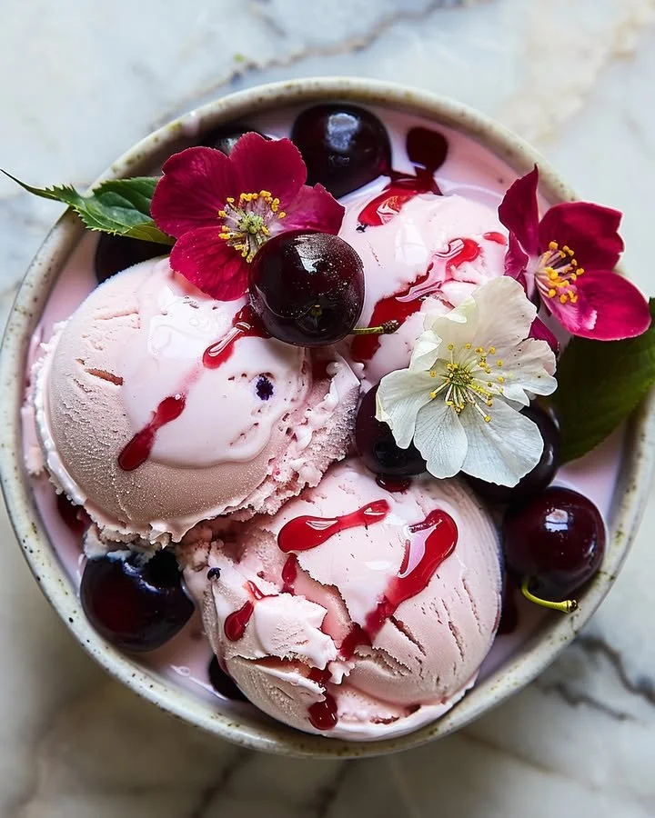 Scoop of cherry blossom ice cream served in a bowl with cherry blossoms