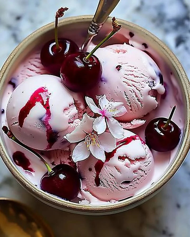 Delicious cherry blossom ice cream served in a bowl with cherry blossoms around.