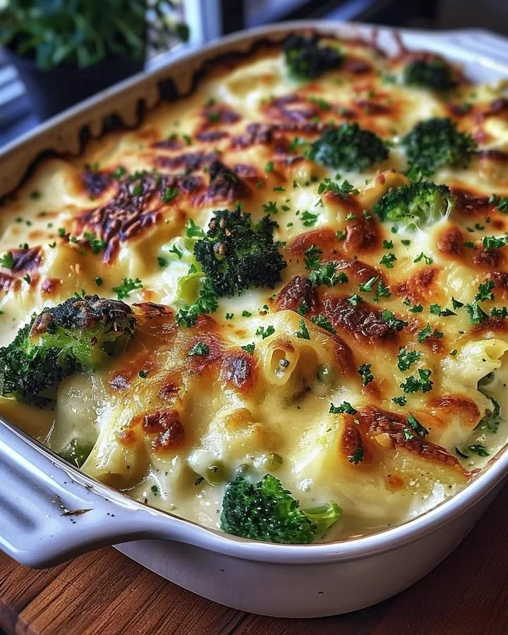 Delicious Chicken and Broccoli Baked Alfredo dish topped with cheese and herbs