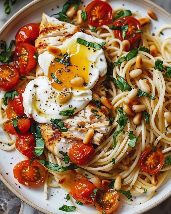 Chicken and Roasted Tomato Pasta served in a bowl with fresh herbs
