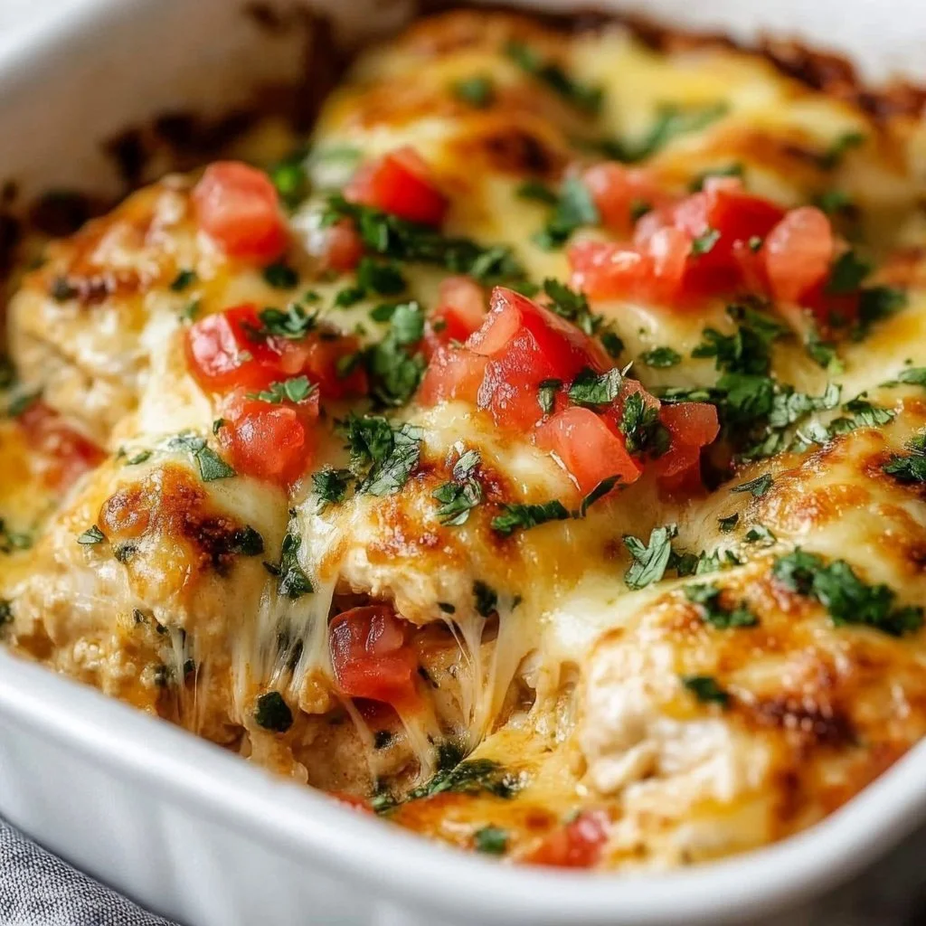 Baked Chicken Salsa topped with cheese and fresh ingredients.