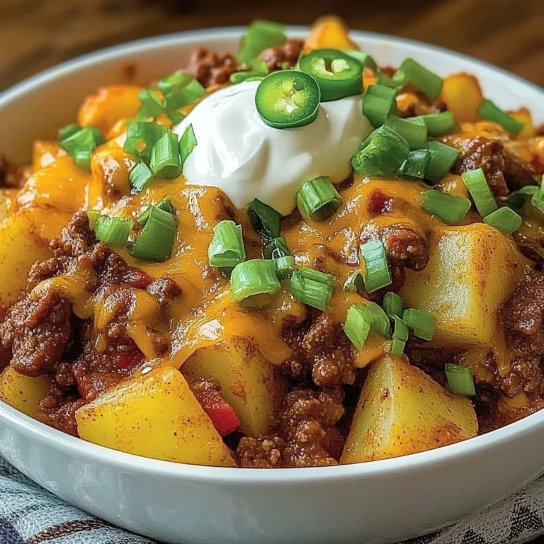 Delicious Chili Cheese Potato Skillet topped with melted cheese and chili
