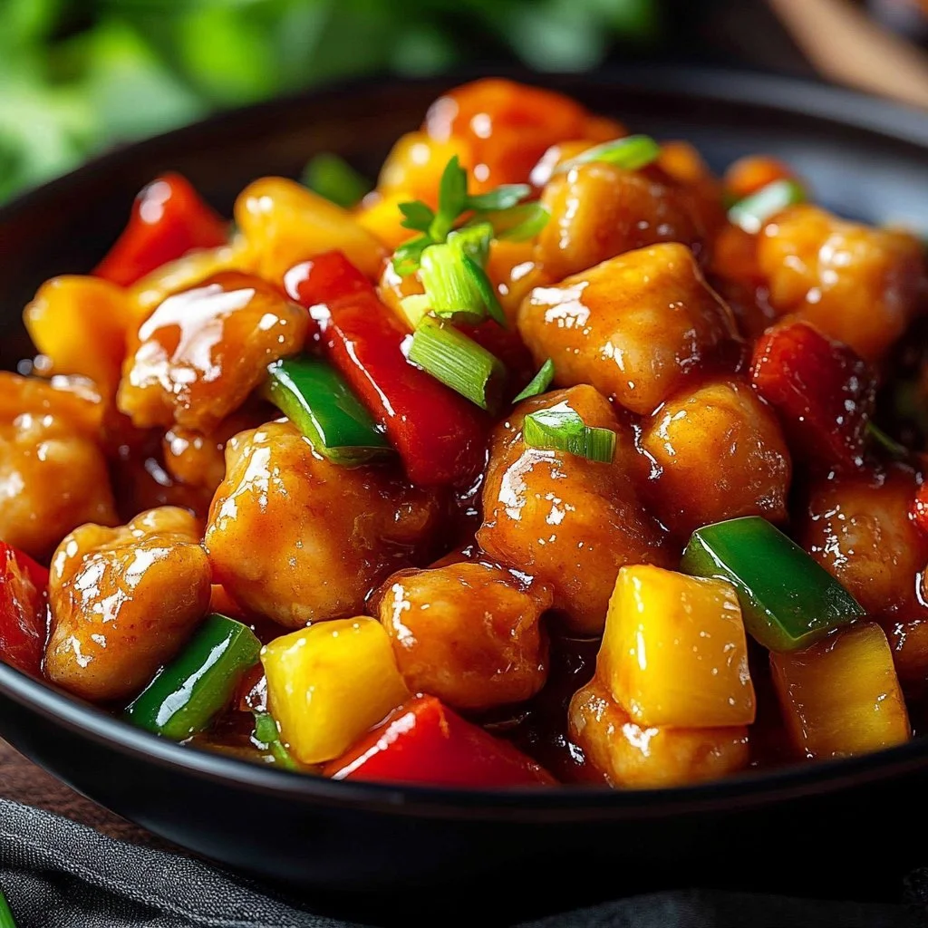 Delicious plate of Chinese sweet and sour chicken with colorful vegetables.