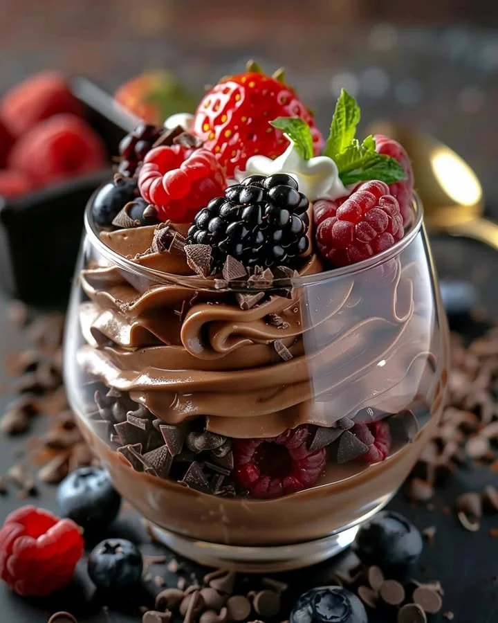 Delicious Chocolate Berry Parfait layered with creamy chocolate and fresh berries