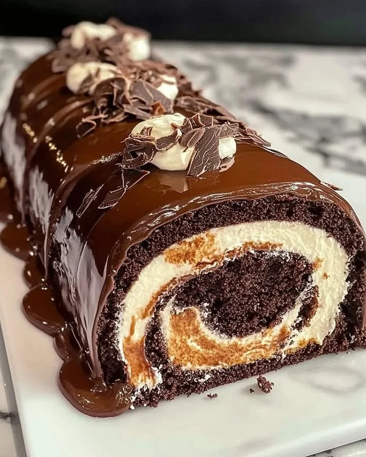 Delicious chocolate cake roll served on a plate