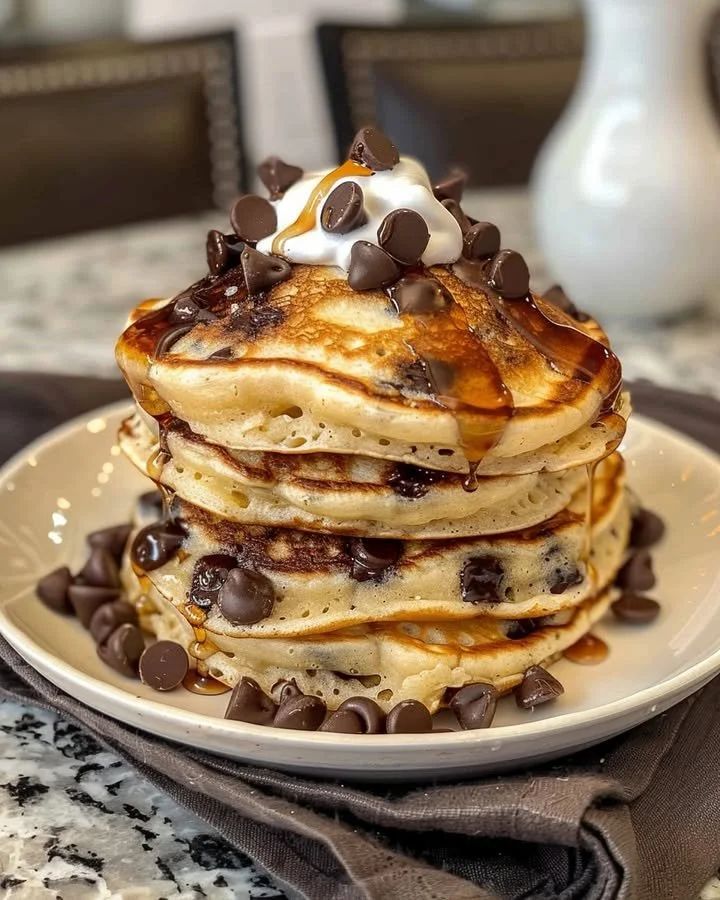 Fluffy chocolate chip pancakes stacked high with melted chocolate chips on top
