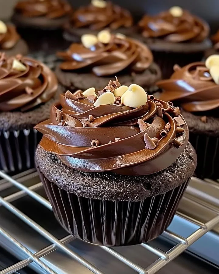 Delicious chocolate fudge cupcakes with creamy fudge frosting on a plate.