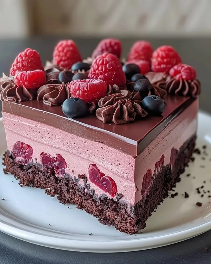 A decadent Chocolate Raspberry Mousse Cake topped with fresh raspberries.