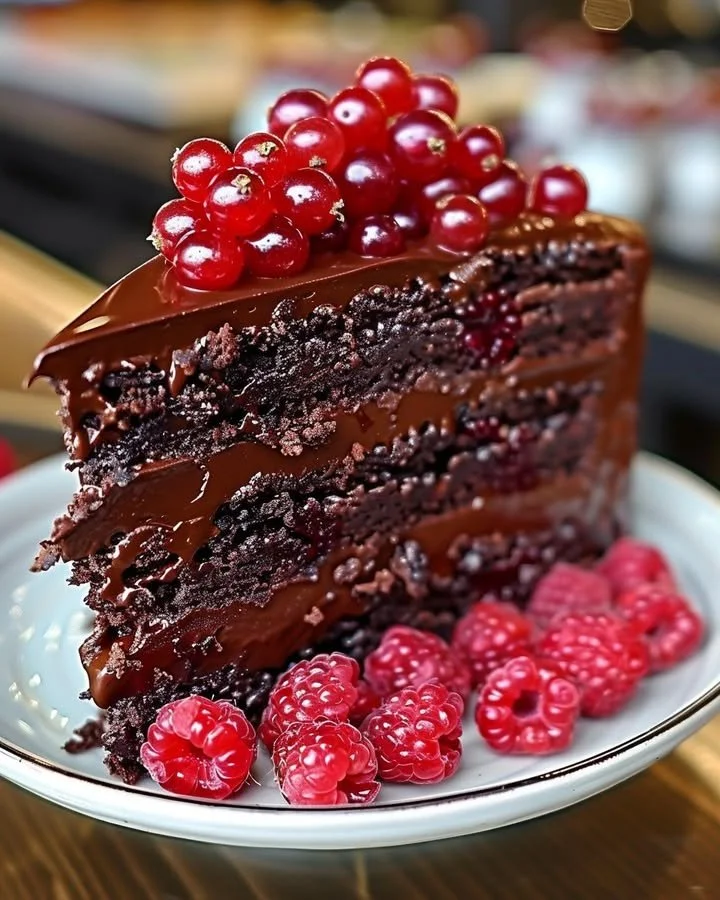 Chocolate Raspberry Truffle Cake with rich layers of chocolate and raspberry toppings