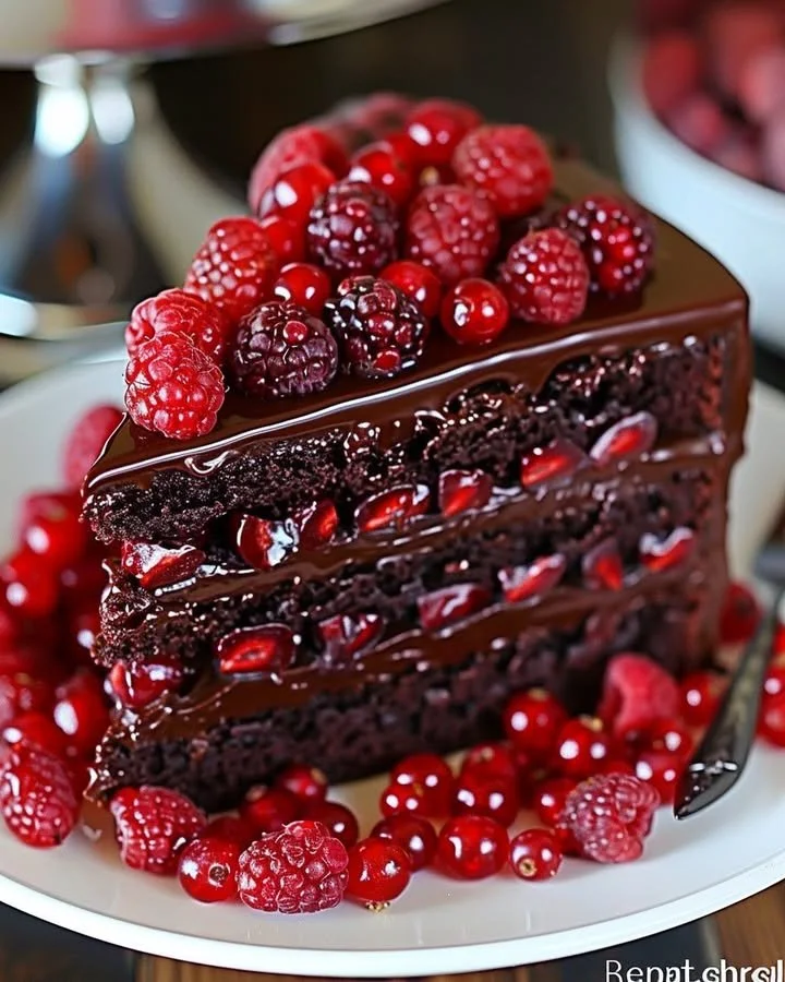 Decadent Chocolate Raspberry Truffle Cake topped with fresh raspberries