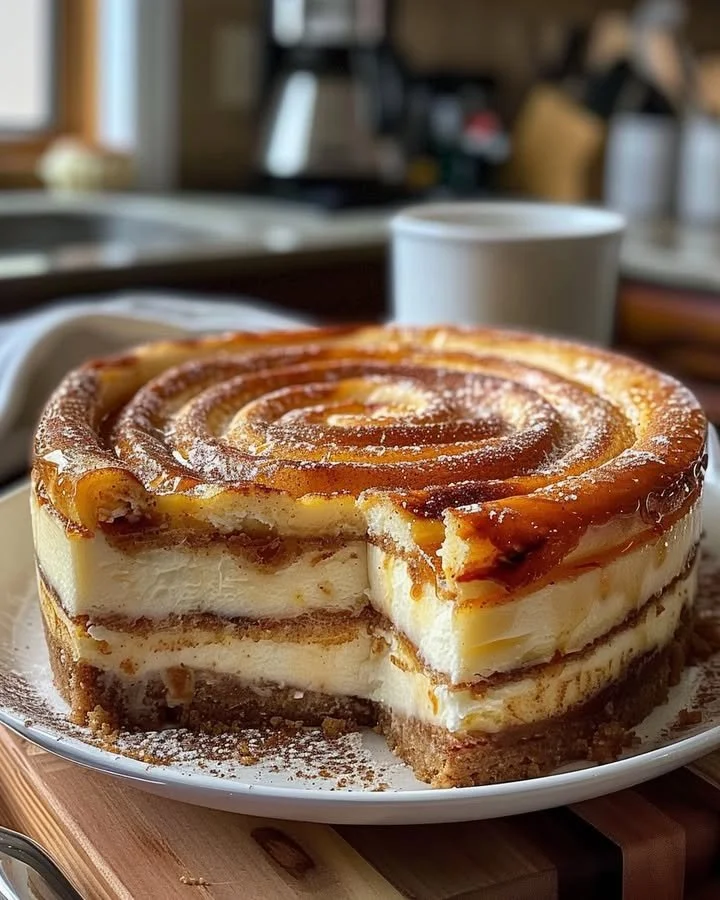 Cinnamon Roll Honeybun Cheesecake topped with swirls and a golden brown crust