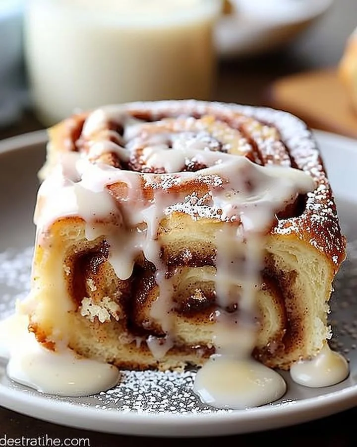 Delicious cinnamon roll poke cake topped with icing and cinnamon flavor